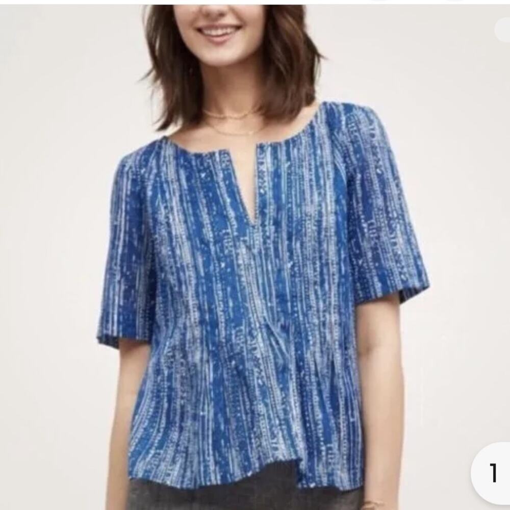 Maeve 100% cotton Anthropologie Orchid Island Blue White Blouse Size 4